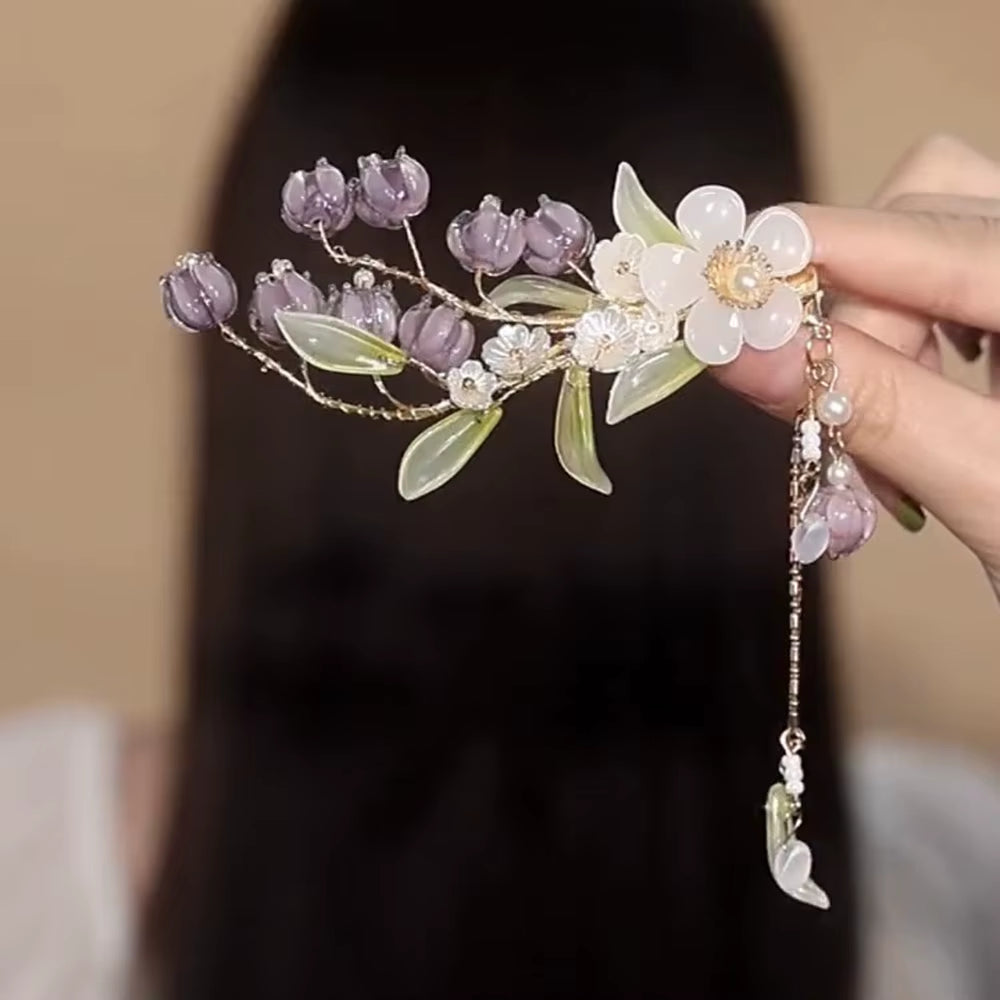 Antique Purple Lily of the Valley Side Hairpin Female Side Hair Clips Flower Headpieces Pendant Jewelry for Women Hair Holder