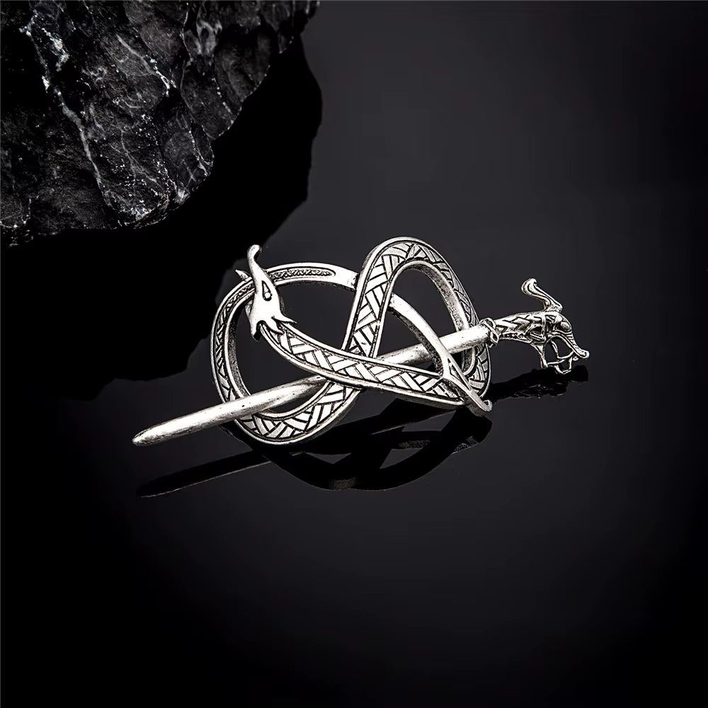 Norse Mythology Jormungand Dragons Women Hairpins Antique Metal Stick Barrette Ouroboros Mobius Strip Headdress Vikings Jewelry