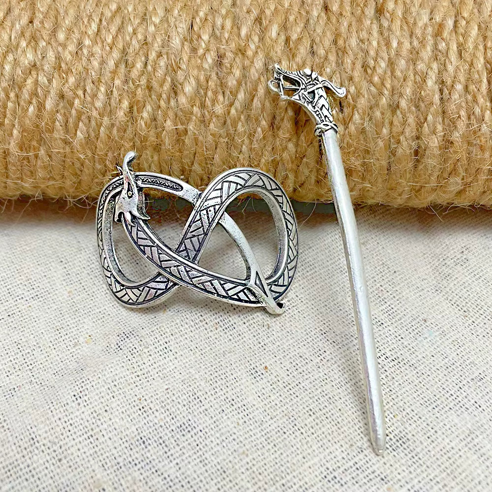 Norse Mythology Jormungand Dragons Women Hairpins Antique Metal Stick Barrette Ouroboros Mobius Strip Headdress Vikings Jewelry